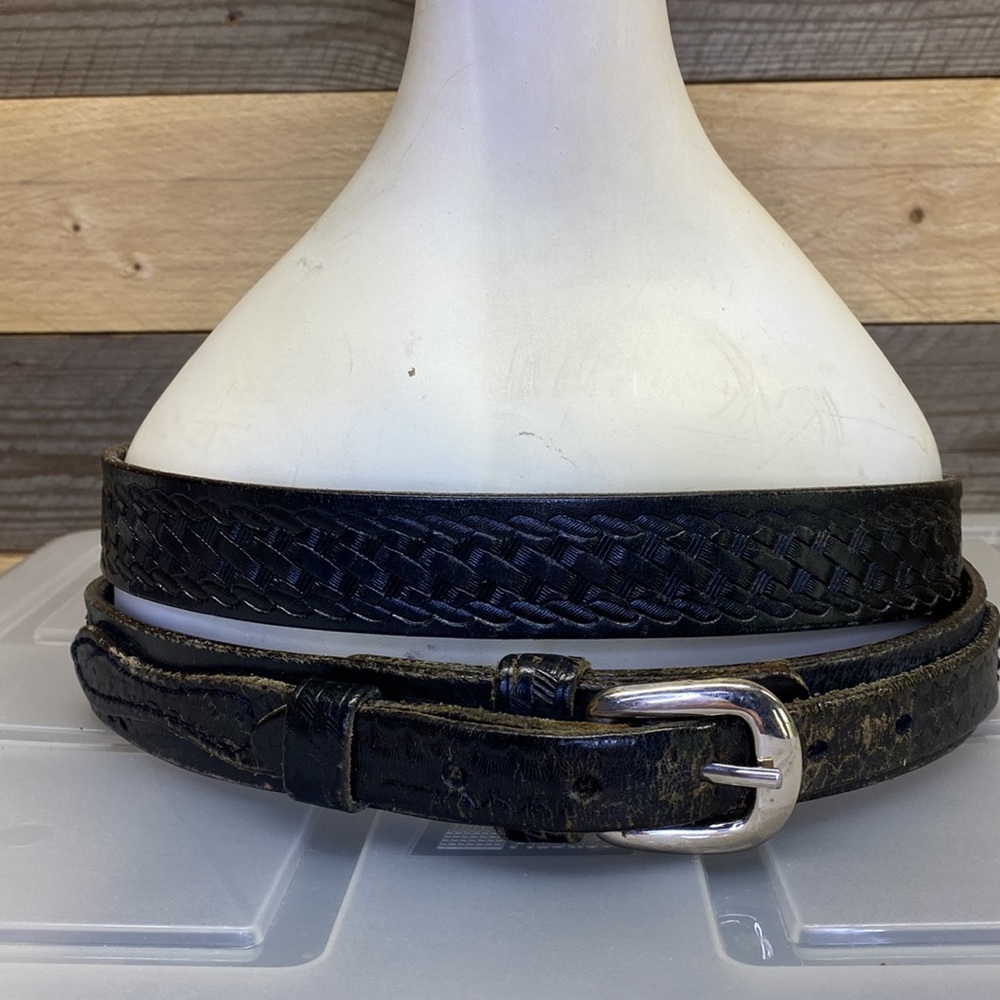 Cabela’s black leather braided tooled leather belt distressed size 46 brass